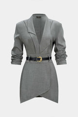 "Asymmetrical Notched Lapel Belted Long Sleeve Mini Dress"