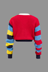 "Contrast Knit Button Long-Sleeve Top"