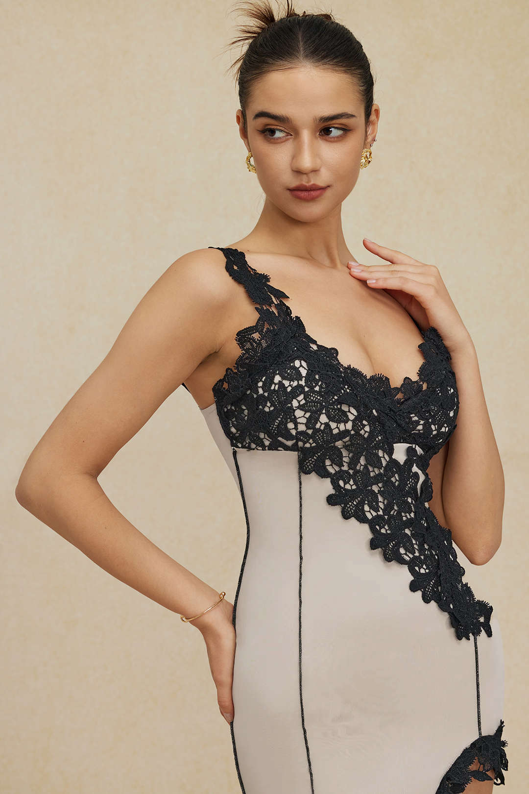 "Asymmetric Lace Panel Midi Dress"