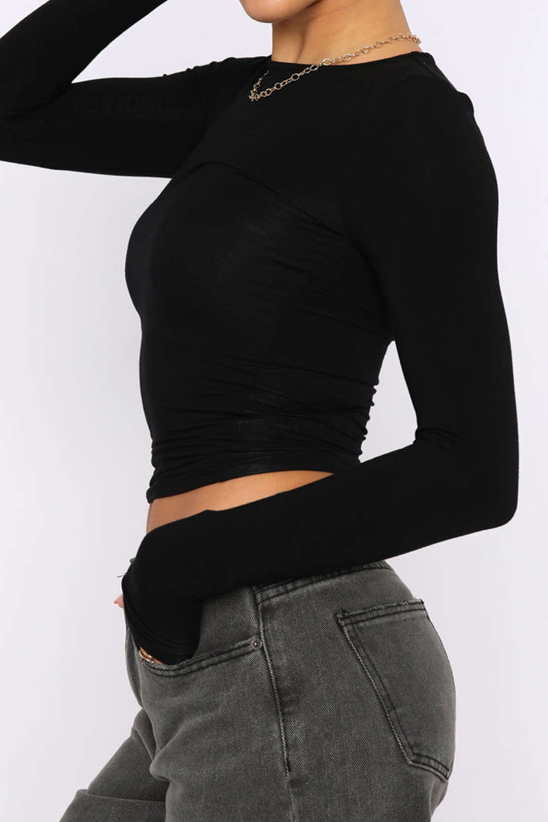 "Basic Solid Round Neck Long Sleeve Top"