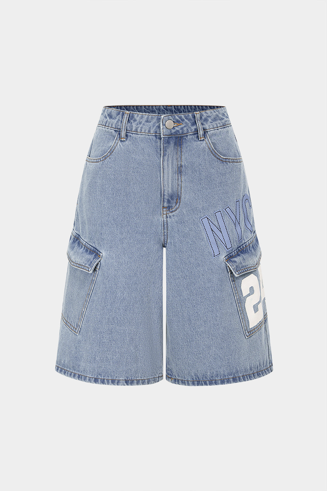 "Denim Digital Letter Print Pocket High Waist Shorts"