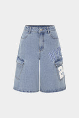 "Denim Digital Letter Print Pocket High Waist Shorts"