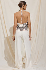 "Artistic Print Satin Halter Neck Backless Tie-Up Beaded Top"