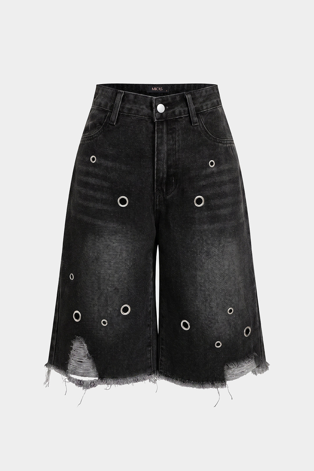"Denim Frayed Eyelet Wide Leg Shorts"