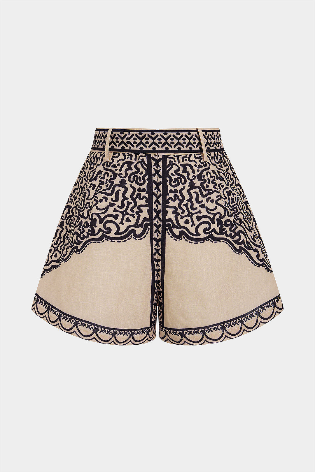 "Contrast Geometric Print Belted High-Waist Shorts"