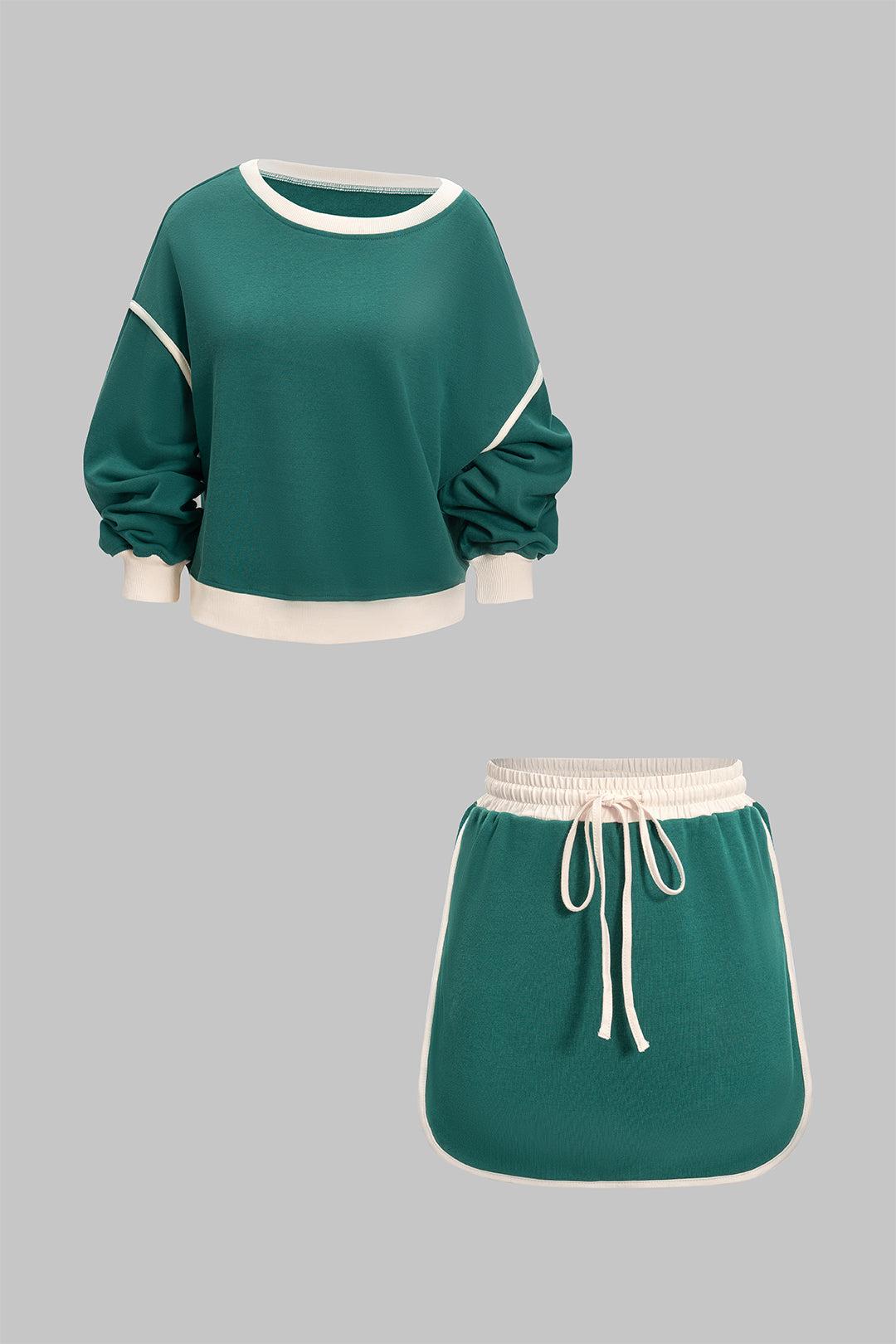 "Contrast Binding Long-Sleeve Top And Drawstring Skirt Set"