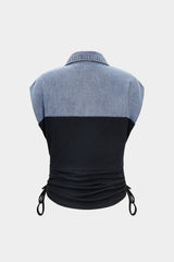 "Denim Drawstring Patchwork Crop Top"