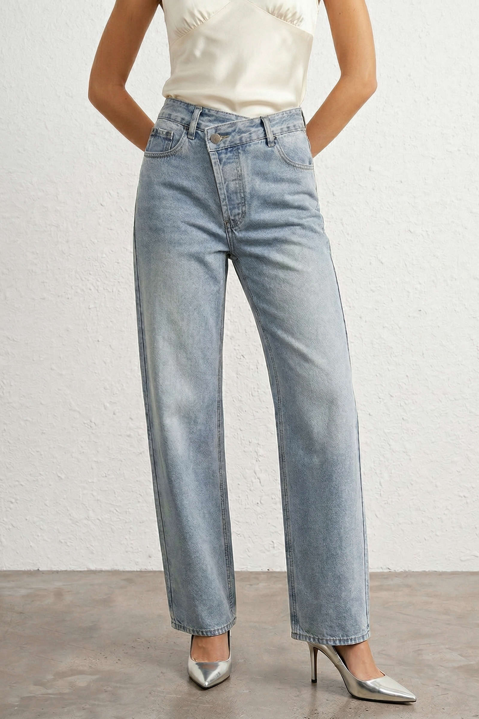 "Asymmetric Waist Straight Leg Jeans"