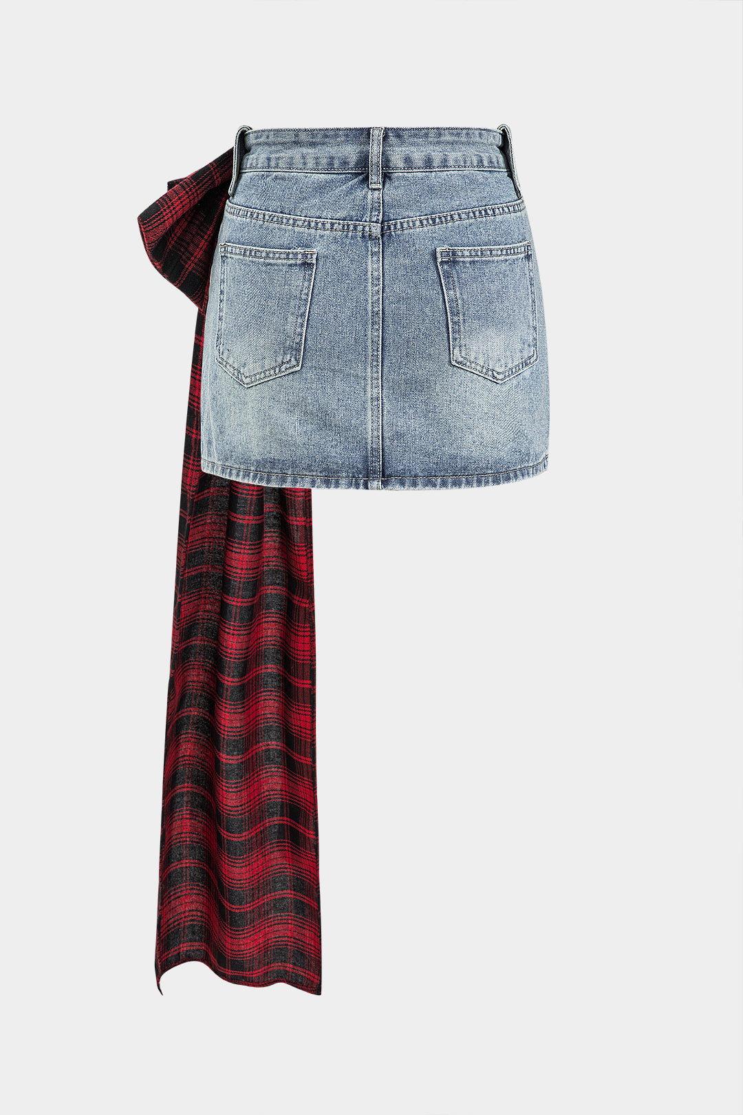 "Denim Bow Patchwork Tie-Up Skirt"