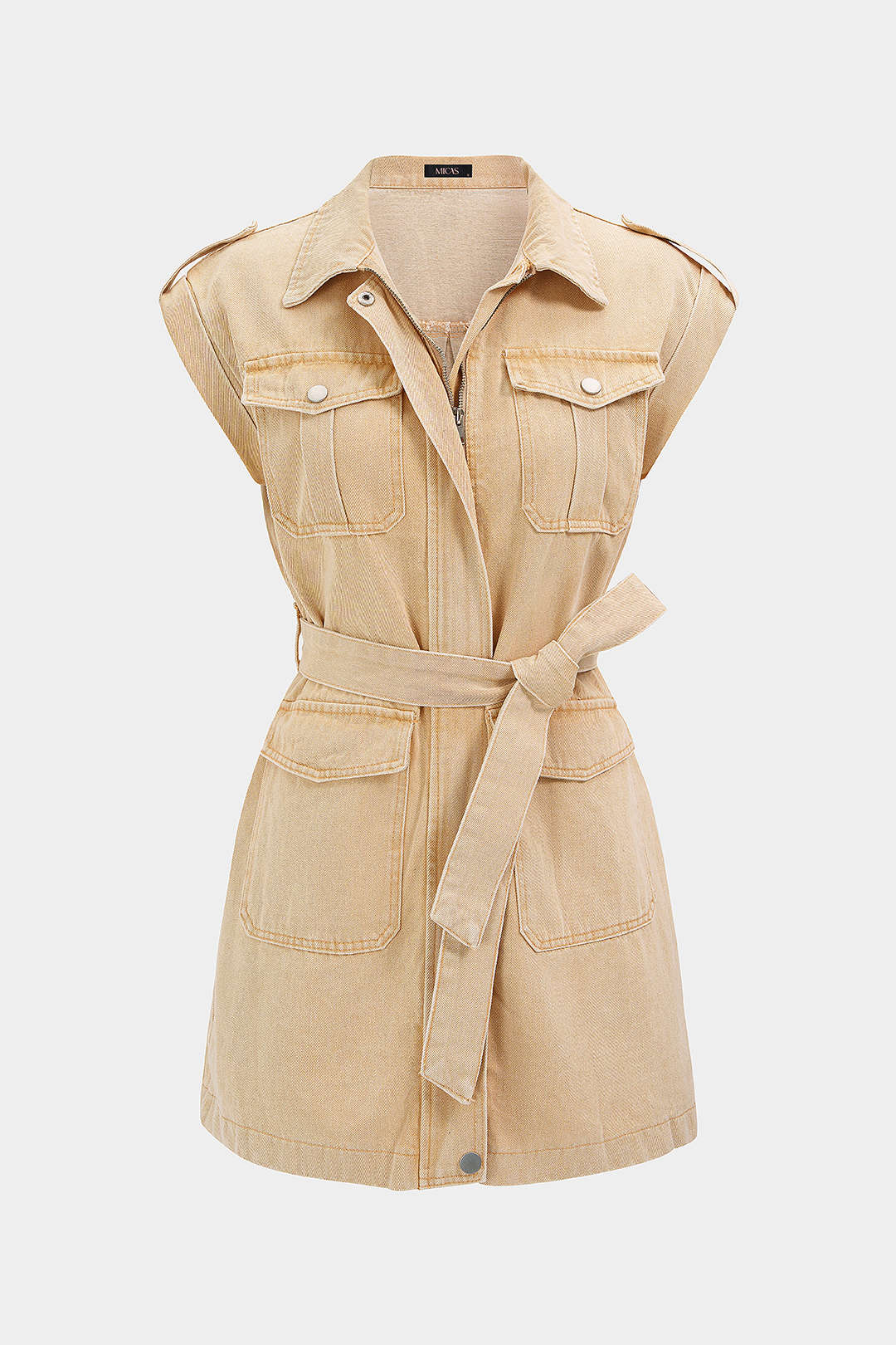 "Denim Lapel Belted MIni Dress"