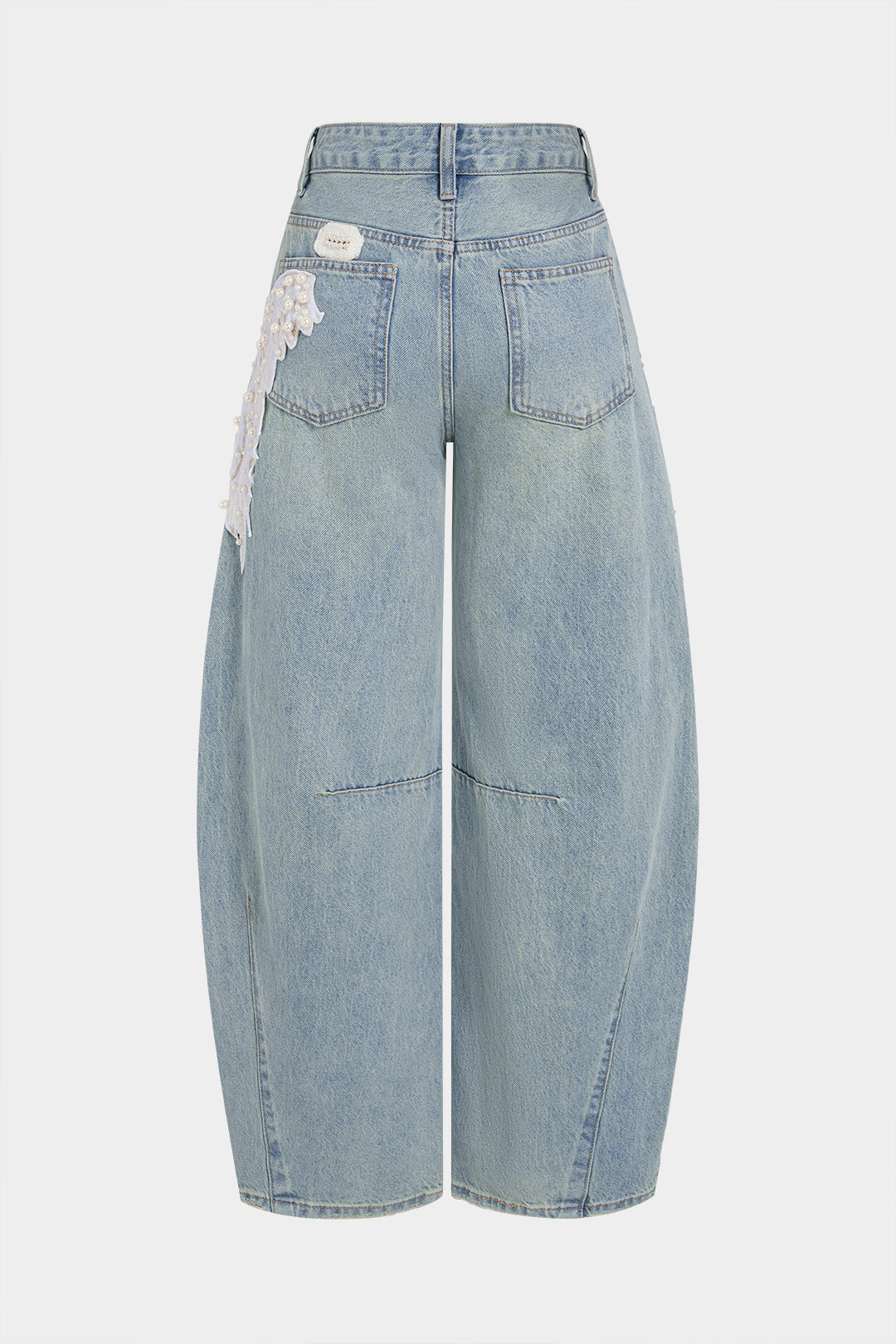 "Denim Feather Pearls Decor Wide Leg Jeans"