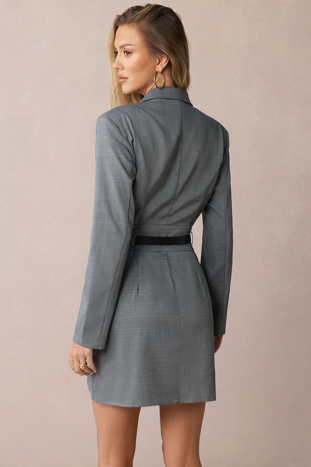 "Asymmetrical Notched Lapel Belted Long Sleeve Mini Dress"