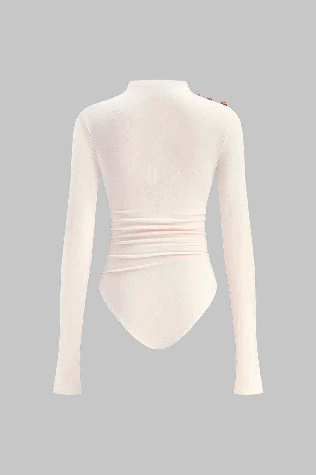 "Asymmetrical Button Ruched Long Sleeve Bodysuit"