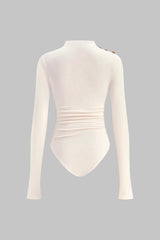 "Asymmetrical Button Ruched Long Sleeve Bodysuit"