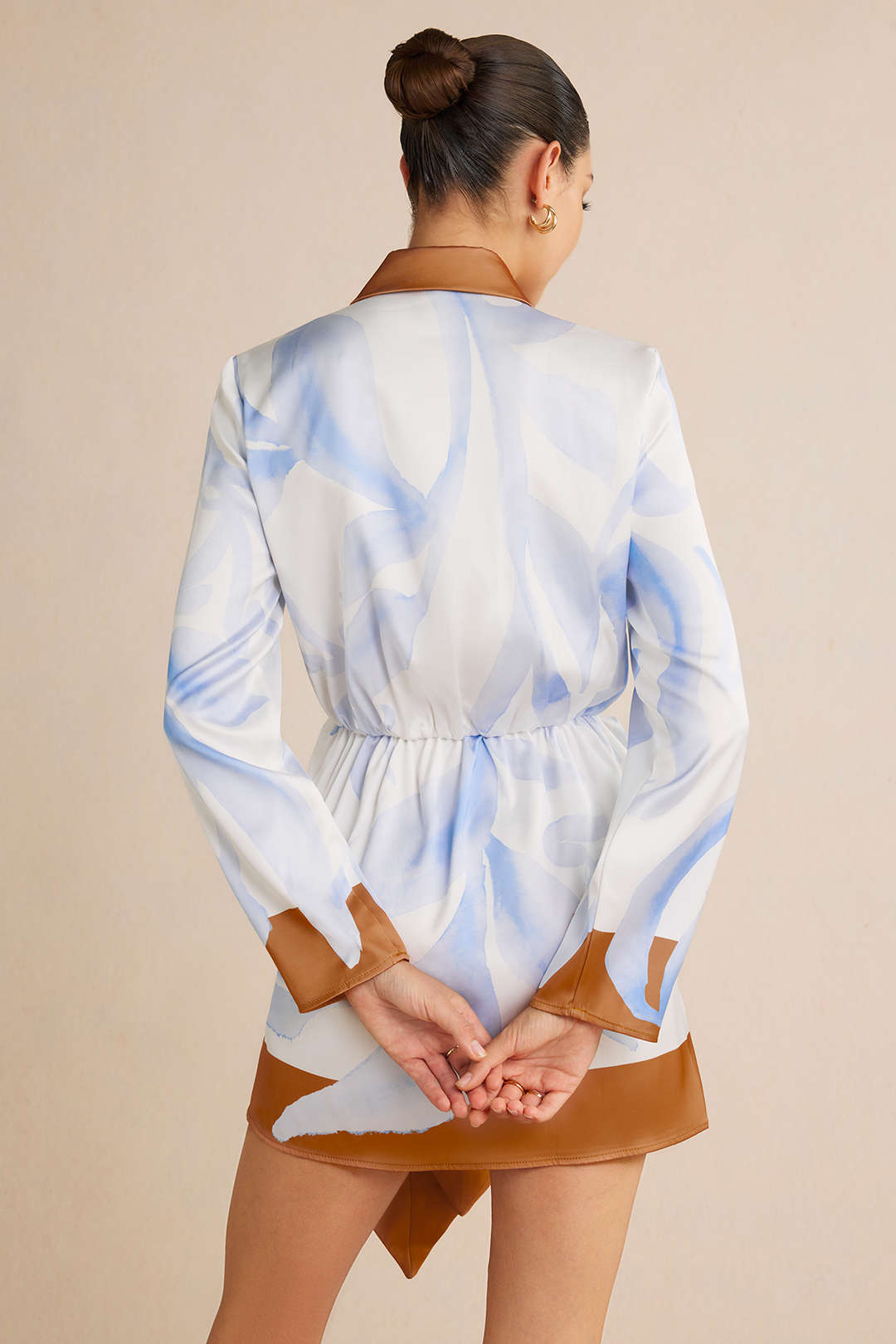 "Contrast Leaves Print Satin Tie Front Long Sleeve Mini Dress"