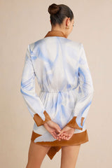 "Contrast Leaves Print Satin Tie Front Long Sleeve Mini Dress"