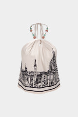 "Artistic Print Satin Halter Neck Backless Tie-Up Beaded Top"