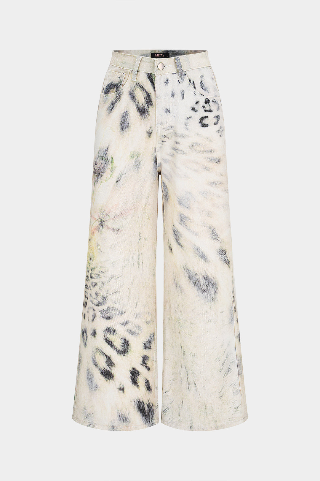 "Denim Leopard Print High Waist Straight Leg Jeans"
