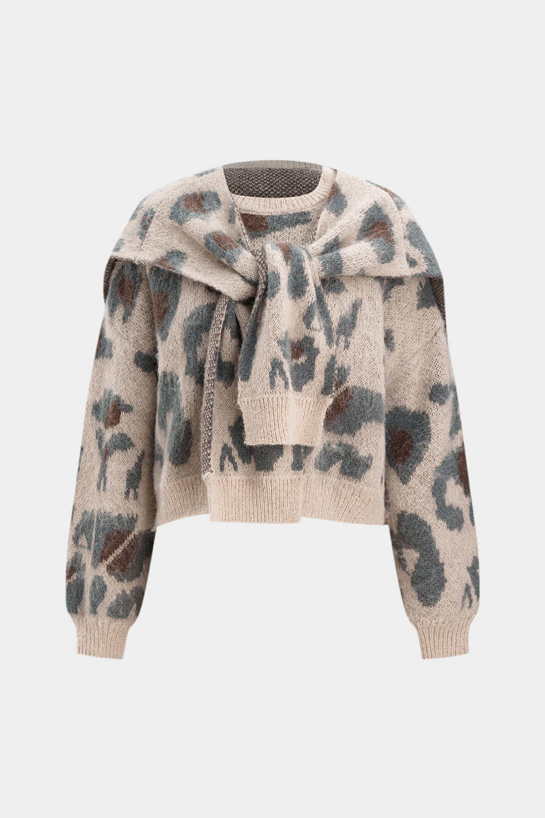 "Contrast Abstract Print Knit Long-Sleeve Top With Shawl"