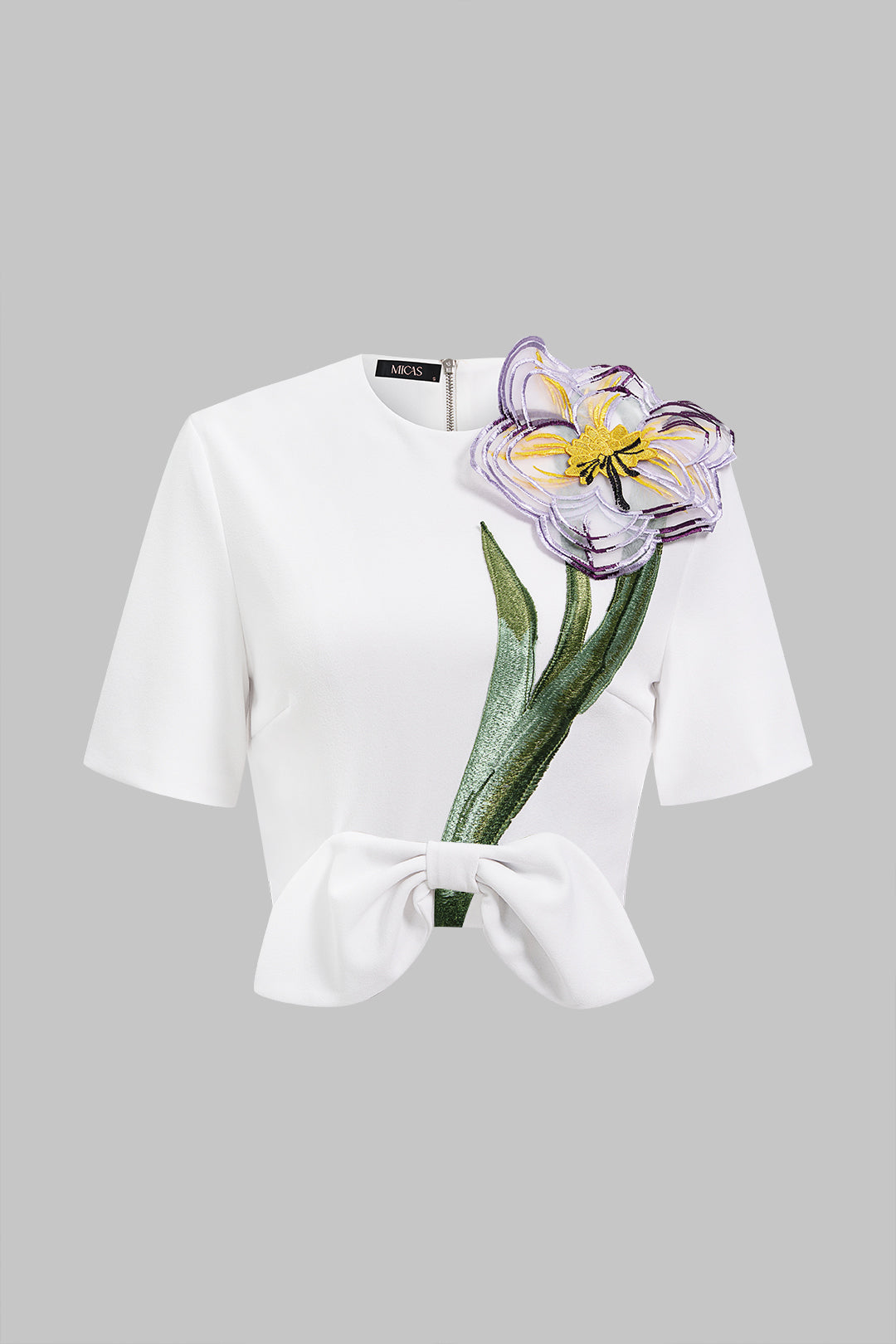 "3D Floral Bow Short-Sleeve Zipper Shirt"