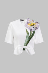"3D Floral Bow Short-Sleeve Zipper Shirt"