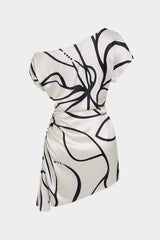 "Contrast Print Satin One Shoulder Ruched Short Sleeve Mini Dress"