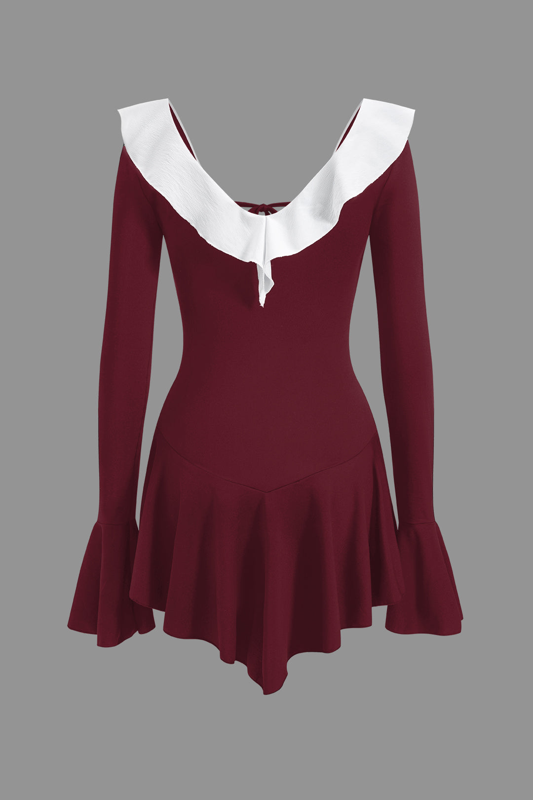 "Contrast Ruffle Neck Tie Front Bell Sleeve Mini Dress"