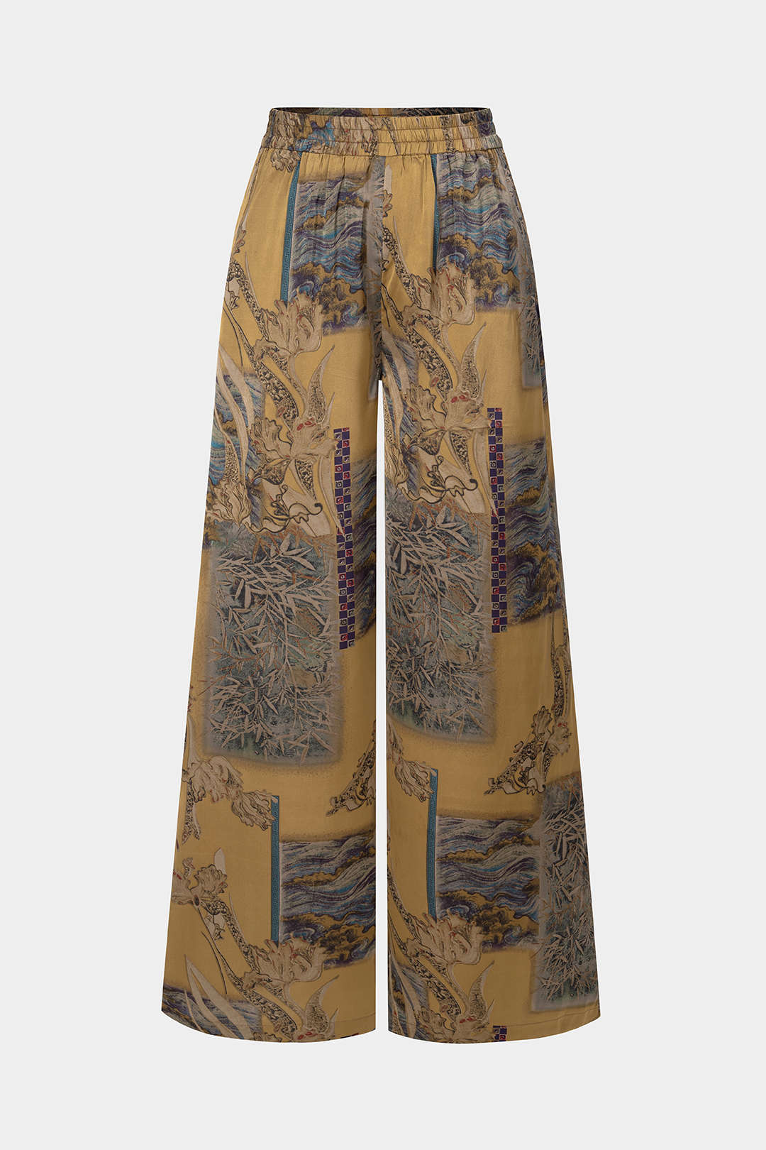 "Abstract Print Satin Shirred Waistband Wide Leg Pants"