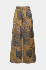 "Abstract Print Satin Shirred Waistband Wide Leg Pants"