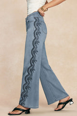 "Denim Embroidery Straight Leg Jeans"