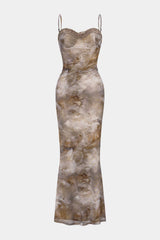 "Abstract Print Patchwork Lace Trim Bustier Sleeveless Maxi Dress"