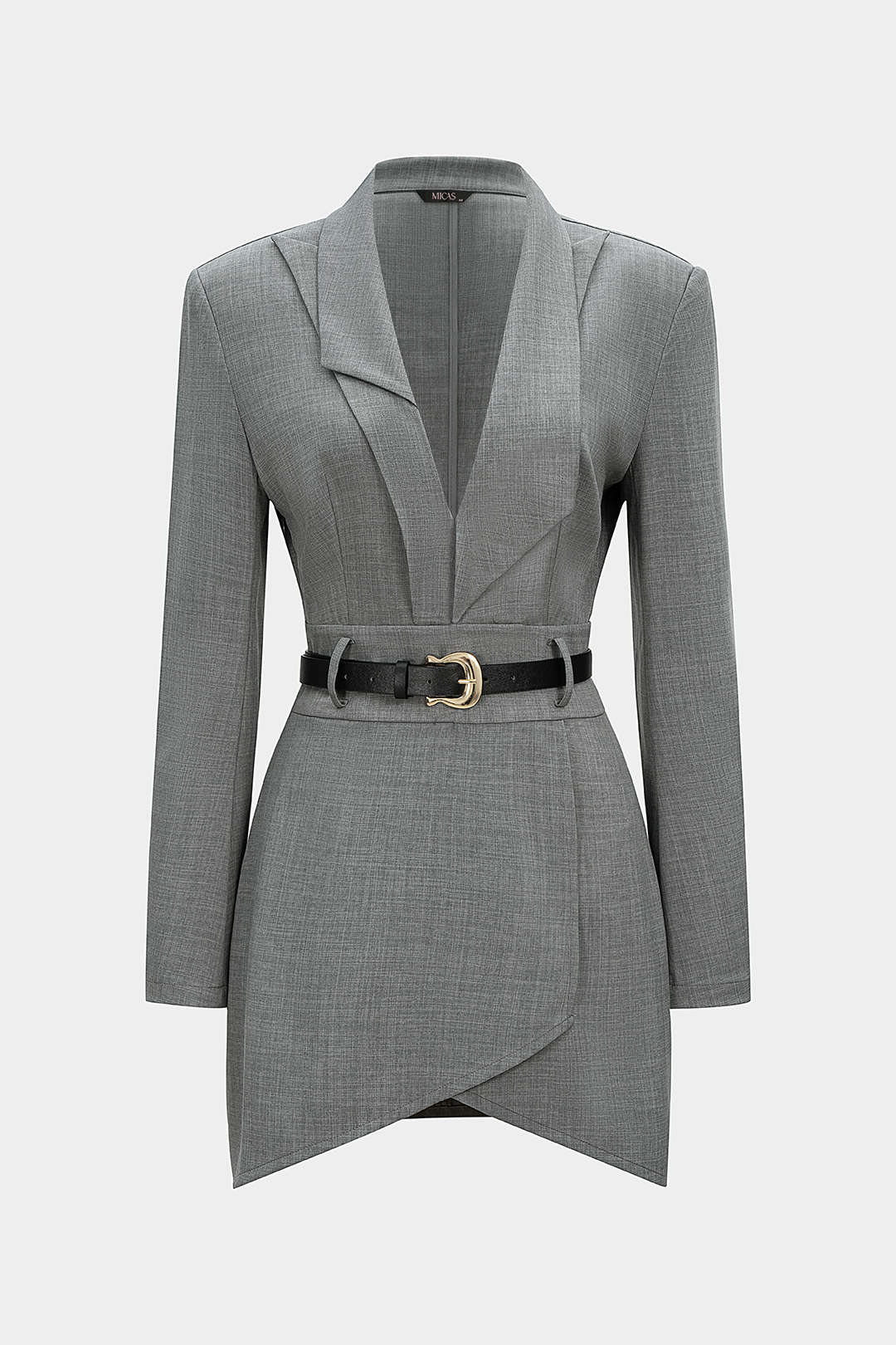 "Asymmetrical Notched Lapel Belted Long Sleeve Mini Dress"