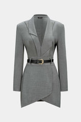 "Asymmetrical Notched Lapel Belted Long Sleeve Mini Dress"