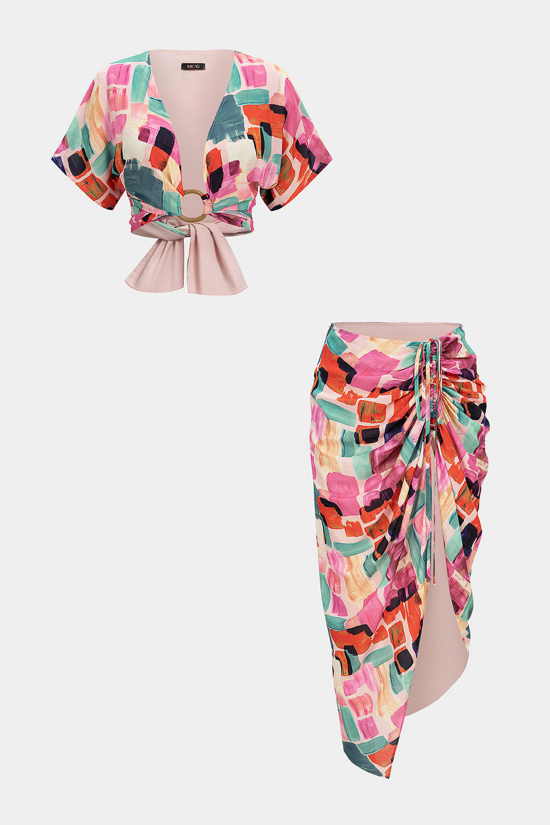 "Abstract Print V-Neck Tie-Up Short Sleeves Top And Asymmetrical Drawstring Ruched Skirt Set"