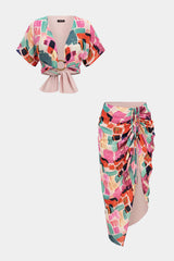 "Abstract Print V-Neck Tie-Up Short Sleeves Top And Asymmetrical Drawstring Ruched Skirt Set"