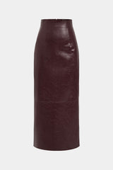 "Basic Solid Faux Leather Midi Skirt"