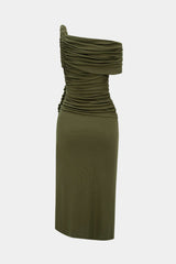 "Asymmetrical Shoulder Ruched Twist Knot Sleeveless Maxi Dress"
