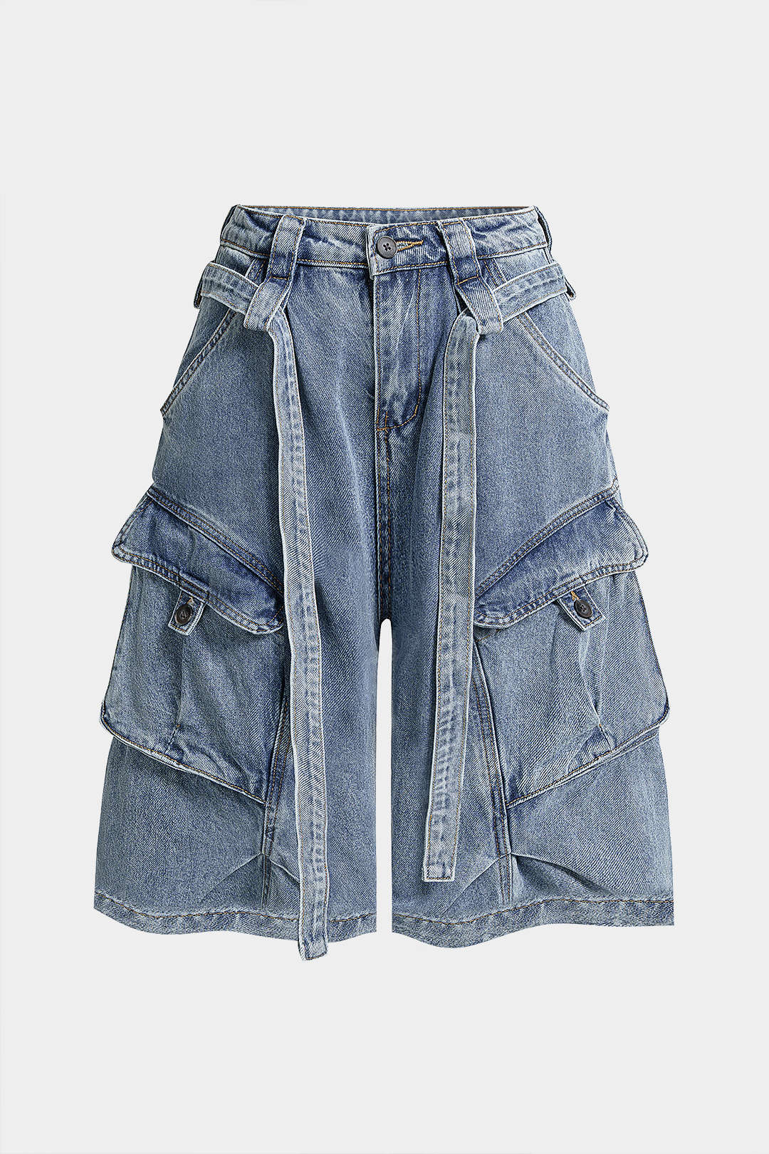 "Denim Belted Pocket Shorts"
