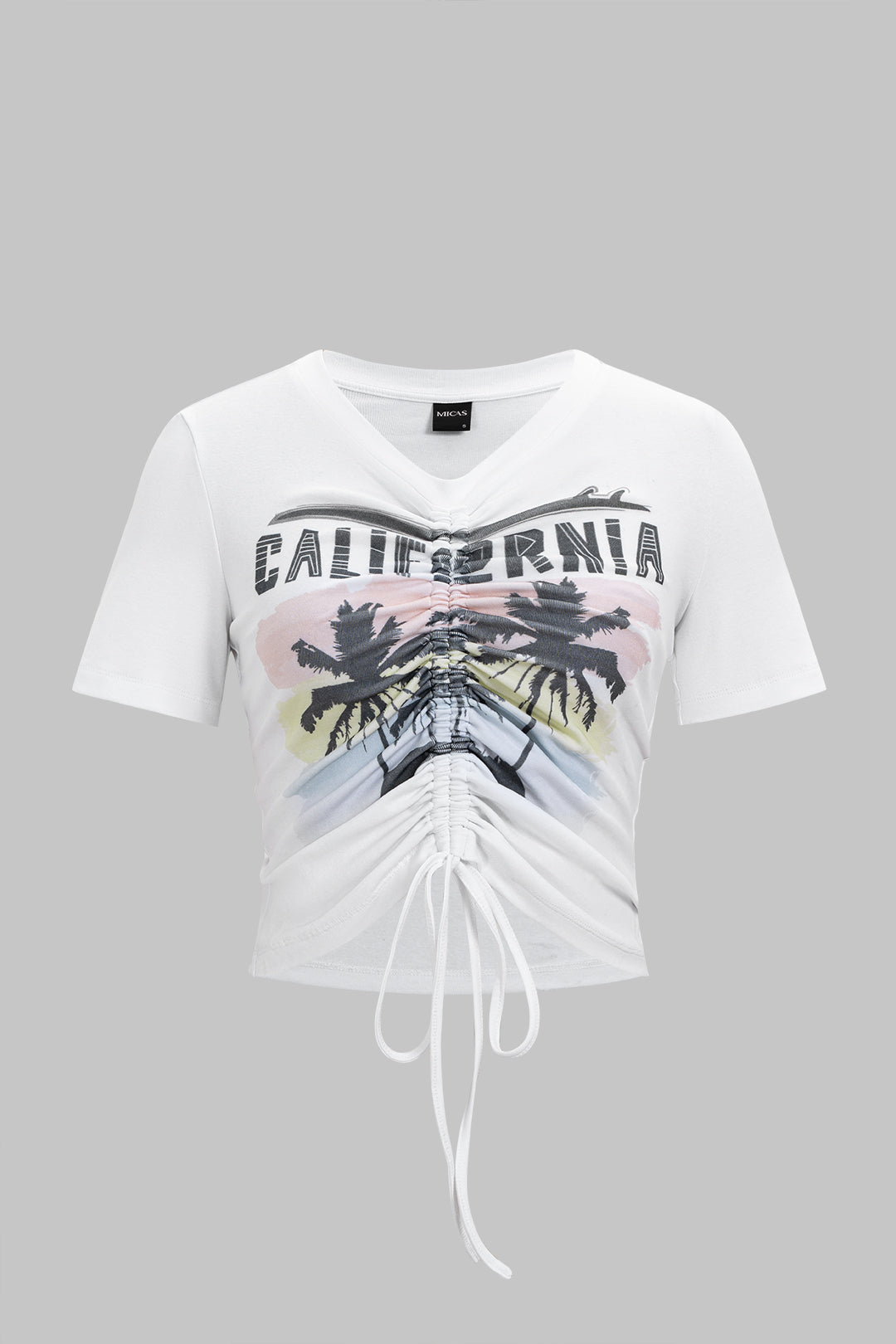 "Coconut Palm Letter Print Round Neck Drawstring Ruched Short Sleeve T-Shirt"