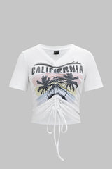 "Coconut Palm Letter Print Round Neck Drawstring Ruched Short Sleeve T-Shirt"