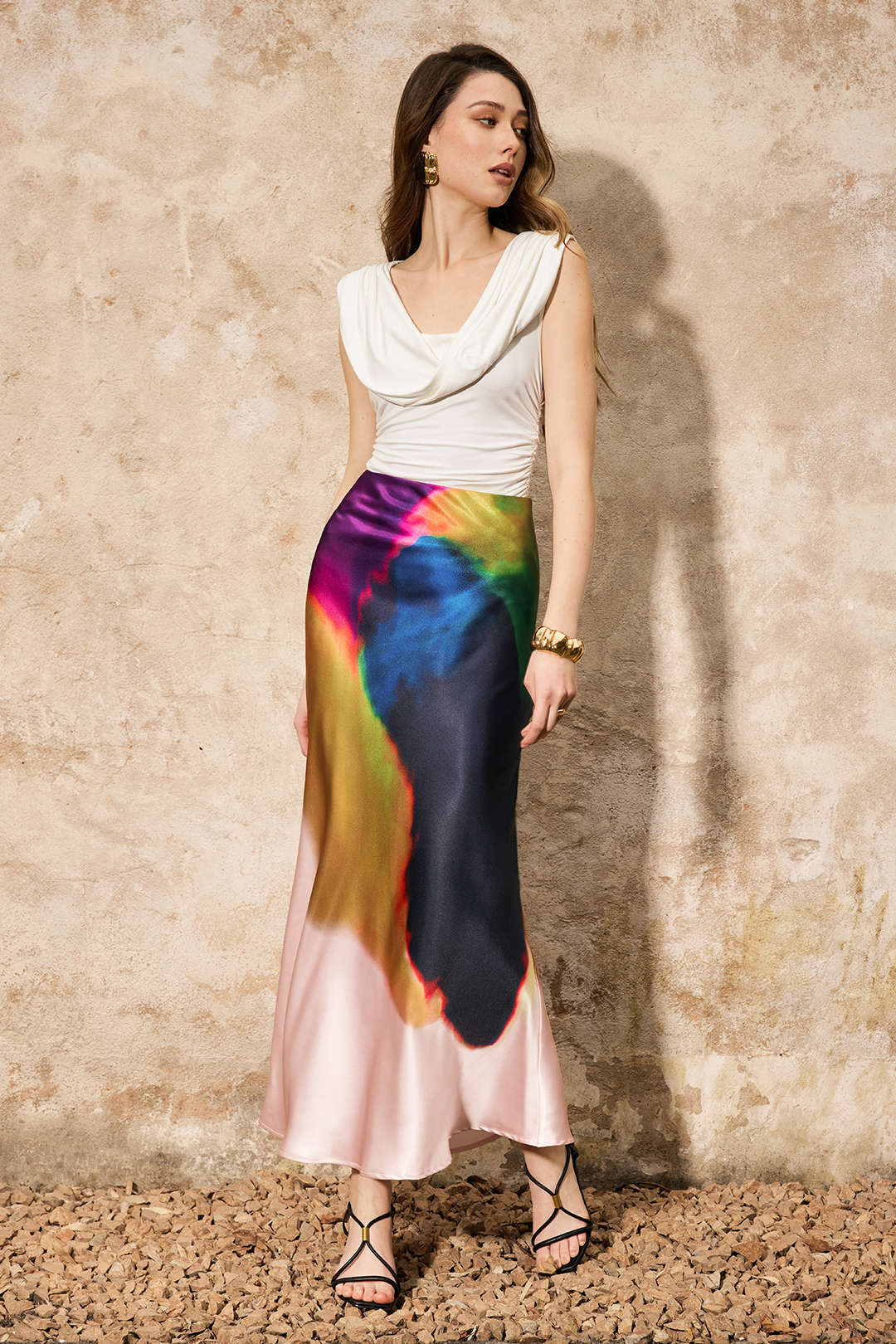 "Contrast Print Satin Zipper Skirt"