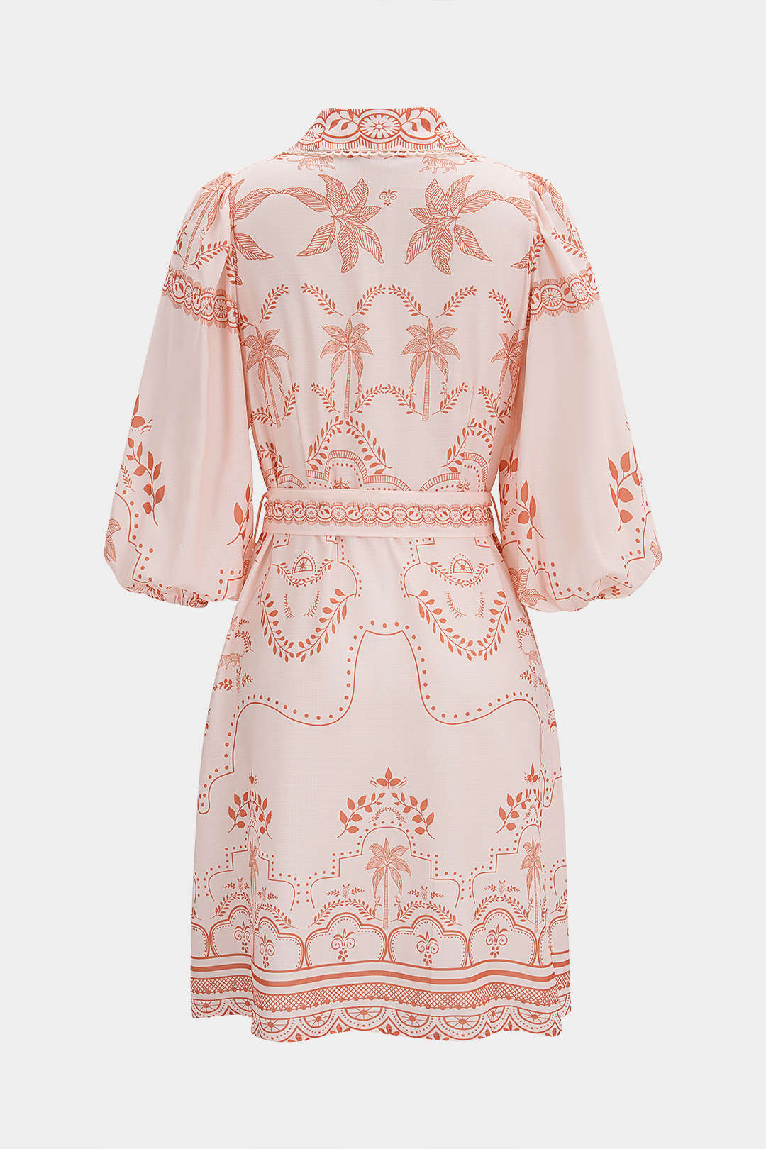 "Coconut Palm Print Lapel Belted Midi Dress"
