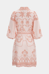 "Coconut Palm Print Lapel Belted Midi Dress"