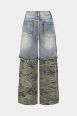 "Camo Print Denim Patchwork Button Pocket Jeans"