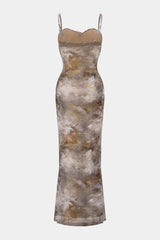 "Abstract Print Patchwork Lace Trim Bustier Sleeveless Maxi Dress"
