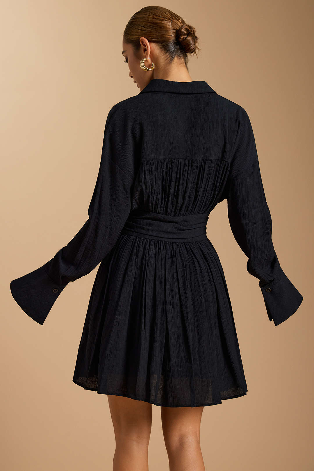 "Button Ruched Long Sleeve Mini Dress"