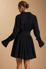 "Button Ruched Long Sleeve Mini Dress"