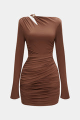 "Asymmetrical Neck Ruched Long Sleeve Mini Dress"