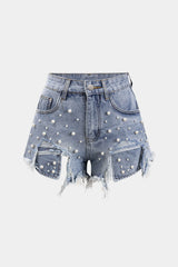 "Denim High Waist Beaded Shorts"