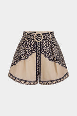 "Contrast Geometric Print Belted High-Waist Shorts"